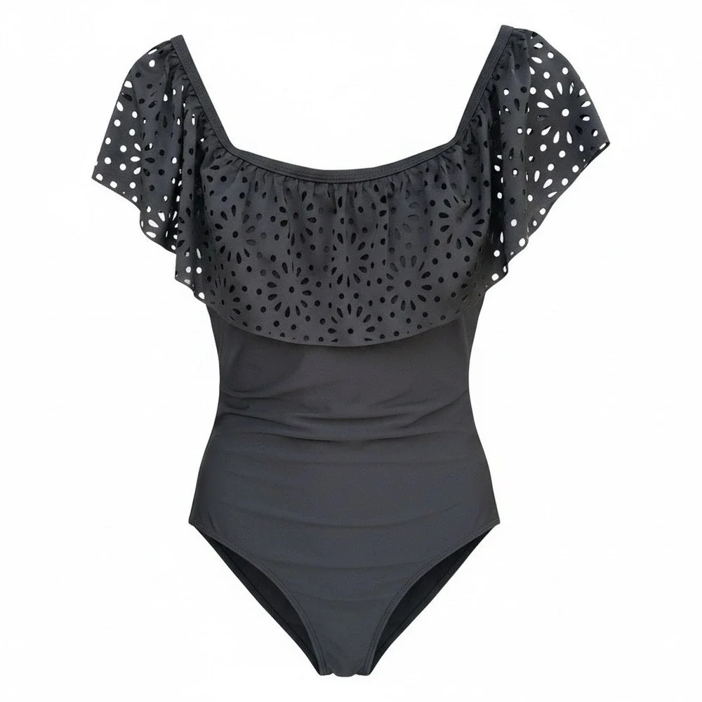 Black Solid One-Piece Swimsuit Ruffle Overlay Stretch Knit XL Polyamide/Elastane